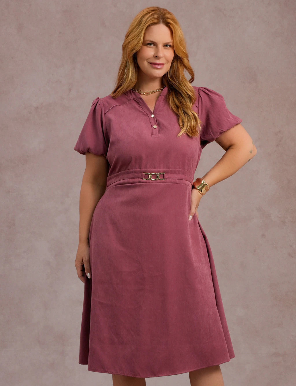 Vestido Midi Cintura Com Fivela Vinho