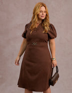 Vestido Midi Cintura Com Fivela Marrom