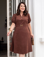 Vestido Midi Cintura Com Fivela Marrom
