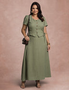 Vestido Longo Frente Com Botões Verde