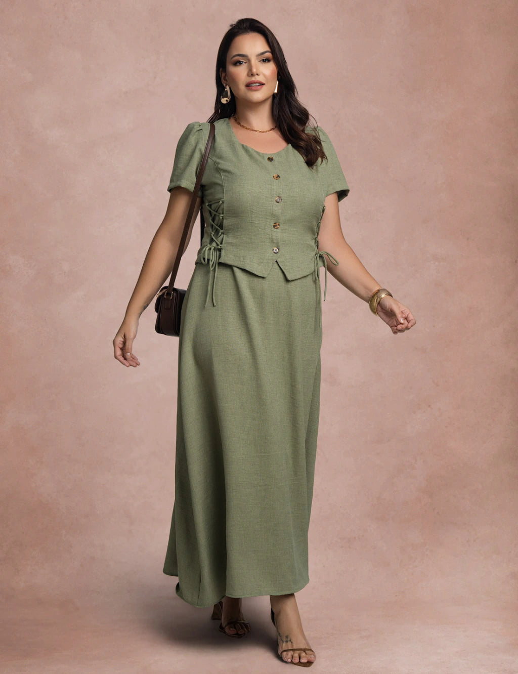 Vestido Longo Frente Com Botões Verde