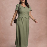 Vestido Longo Frente Com Botões Verde