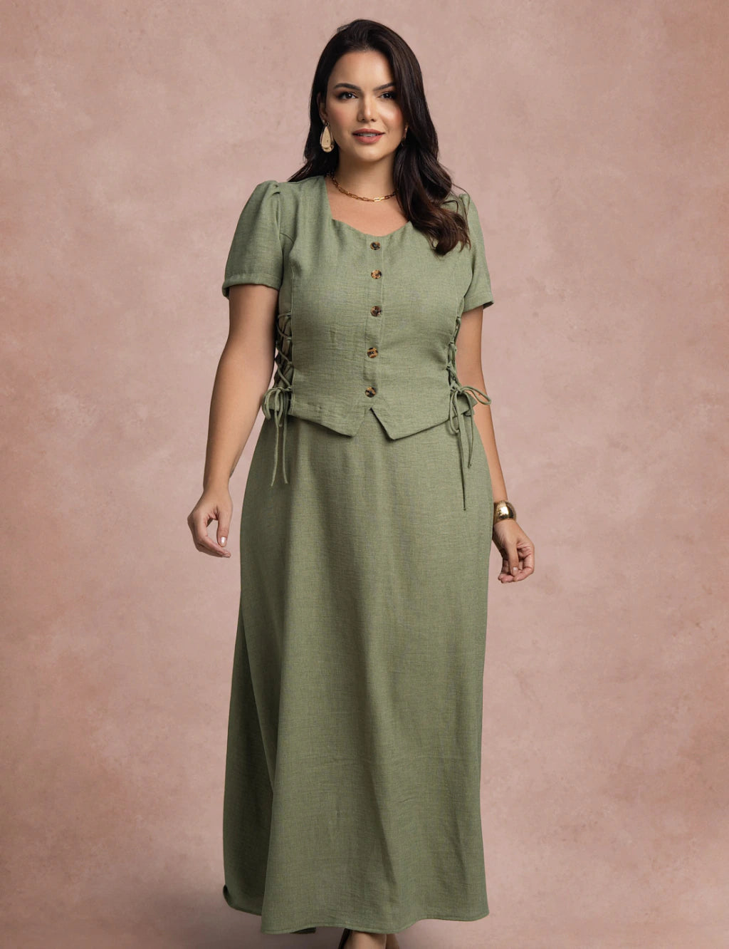 Vestido Longo Frente Com Botões Verde