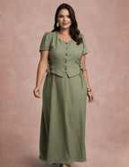 Vestido Longo Frente Com Botões Verde