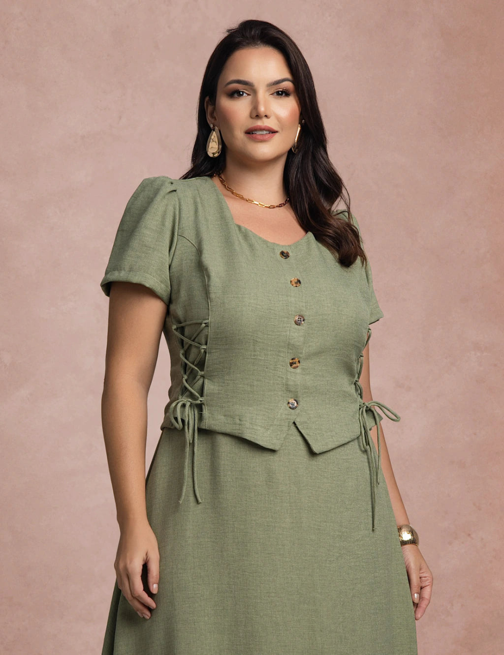 Vestido Longo Frente Com Botões Verde
