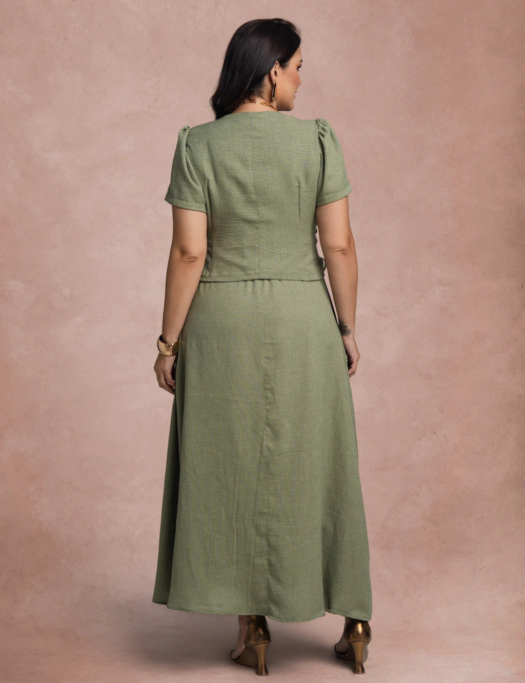 Vestido Longo Frente Com Botões Verde