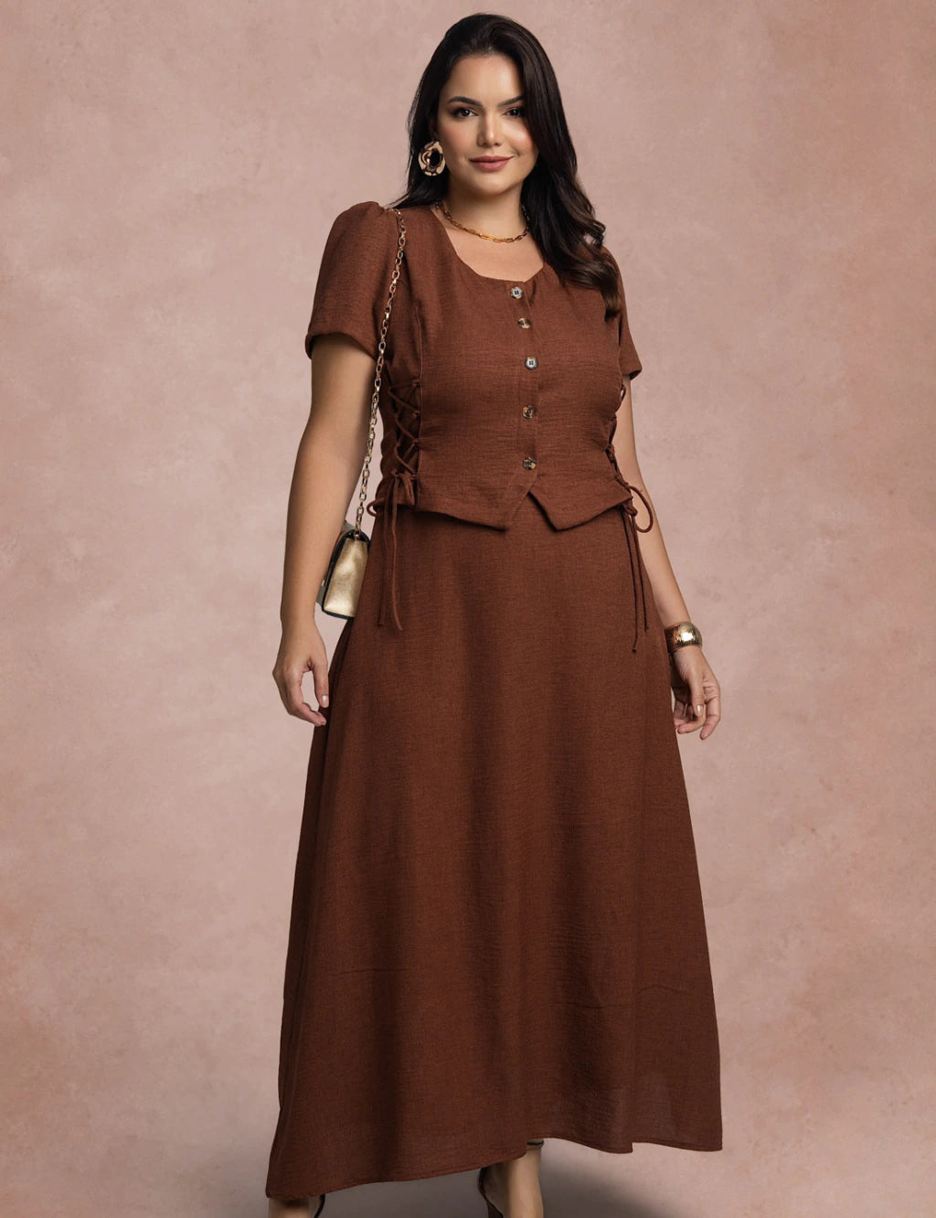 Vestido Longo Frente Com Botões Marrom