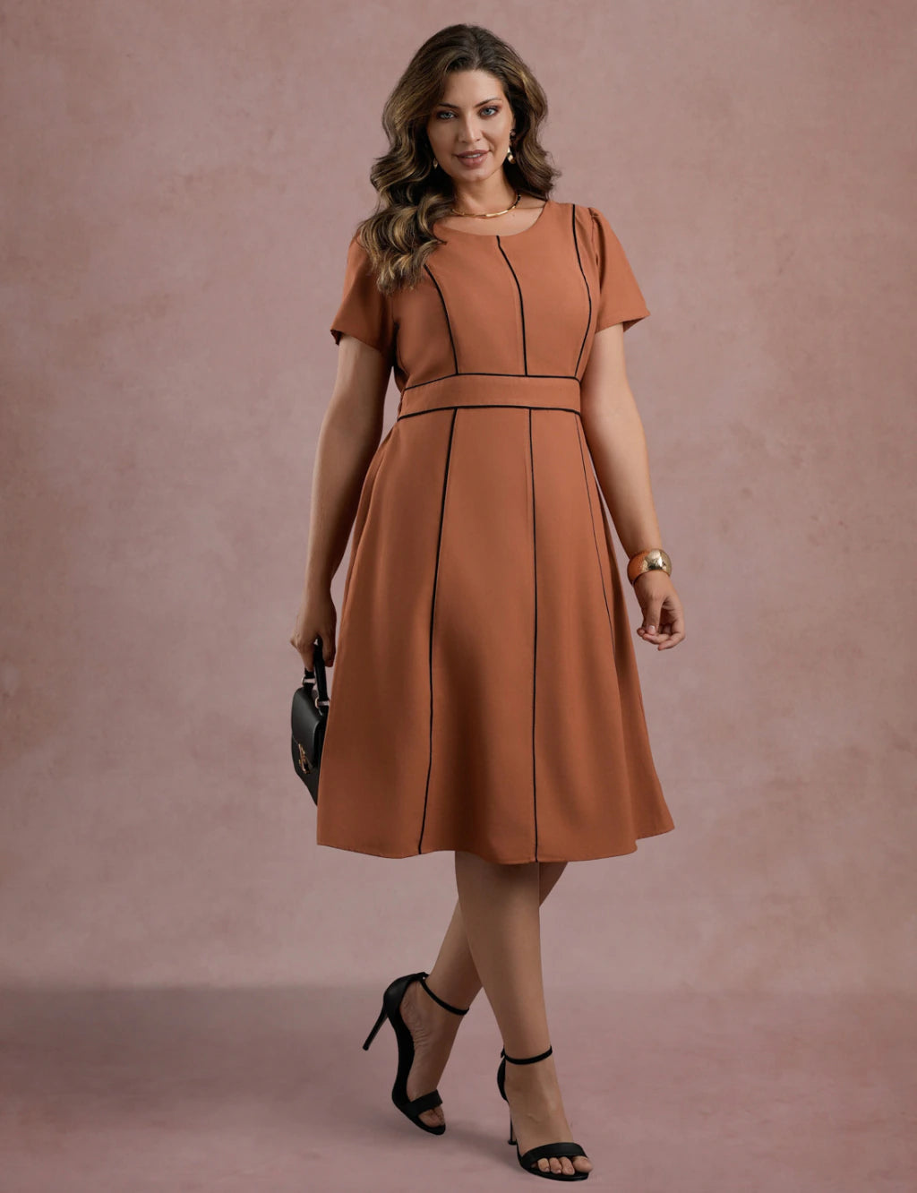 Vestido Midi Com Vivo Marrom