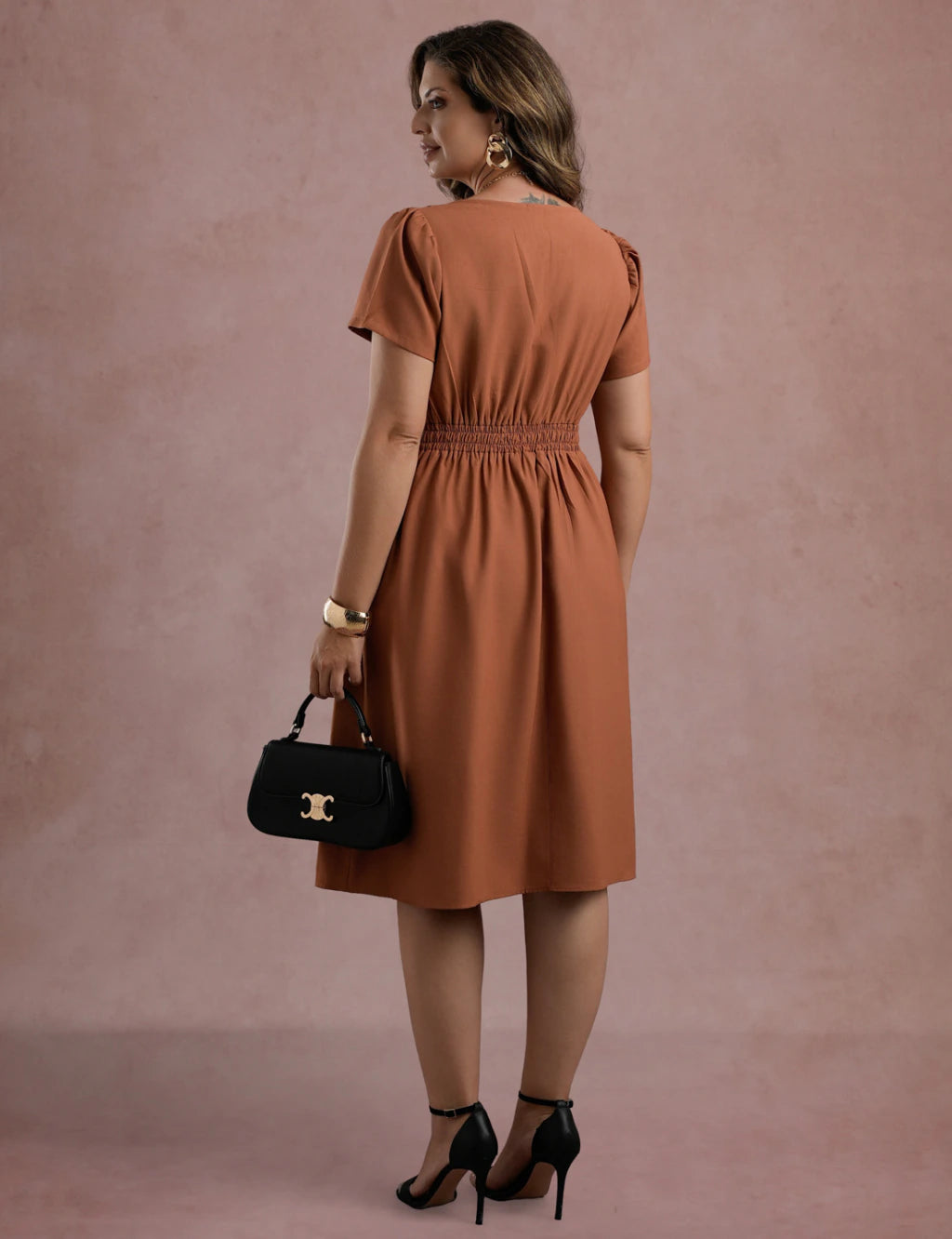 Vestido Midi Com Vivo Marrom