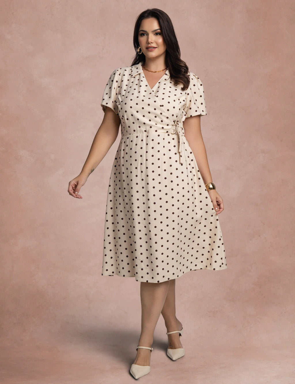 Vestido Midi Estampa Poá Bege