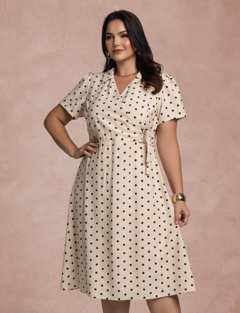 Vestido Midi Estampa Poá Bege