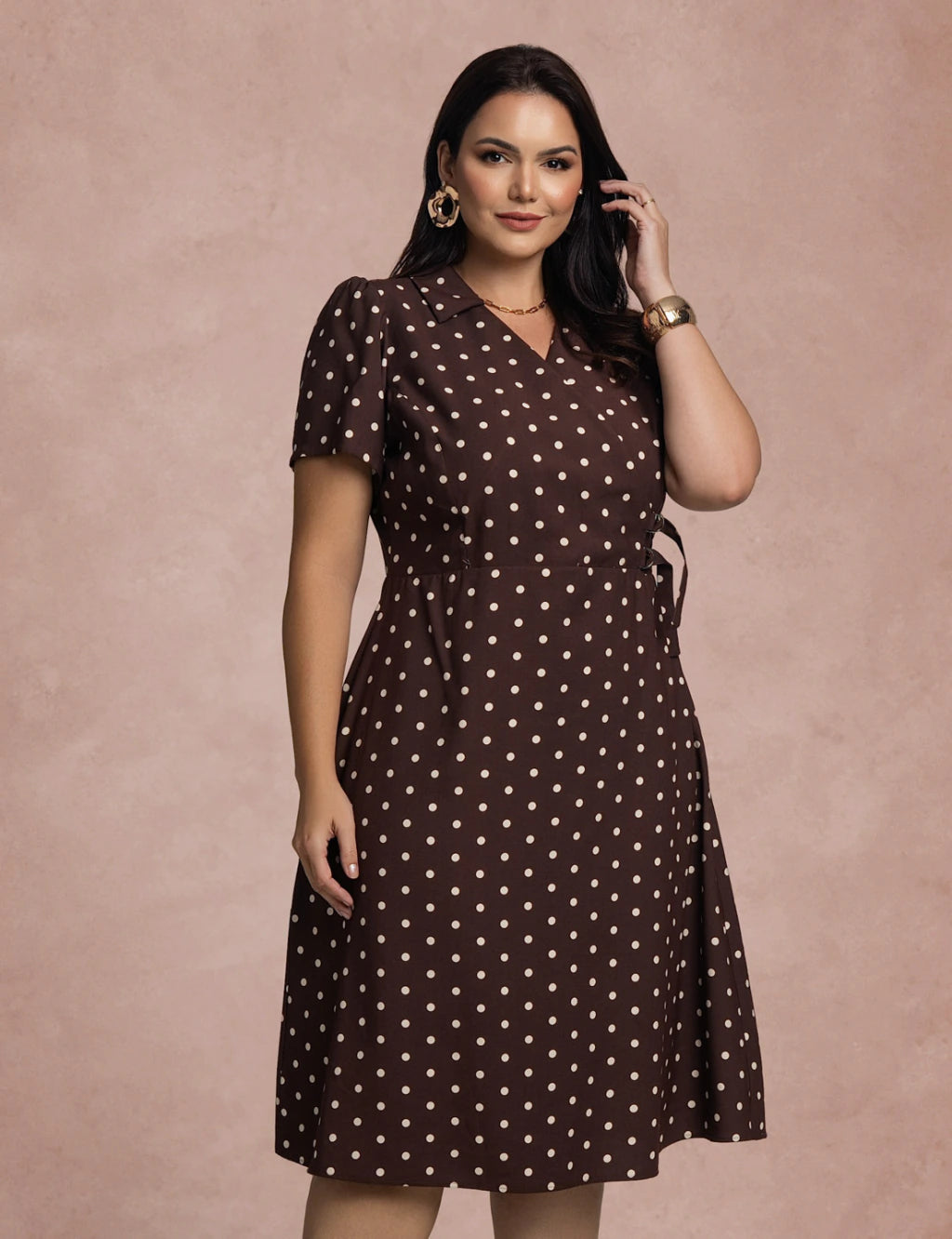 Vestido Midi Estampa Poá Marrom