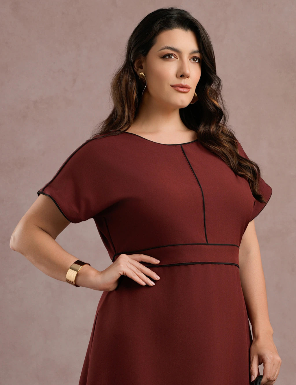 Vestido Midi Com Vivo Frente Vinho