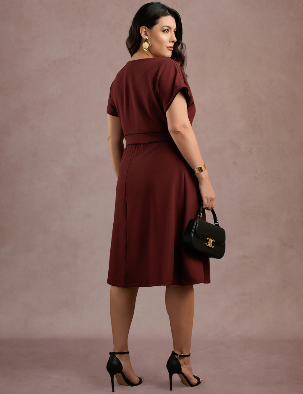 Vestido Midi Com Vivo Frente Vinho