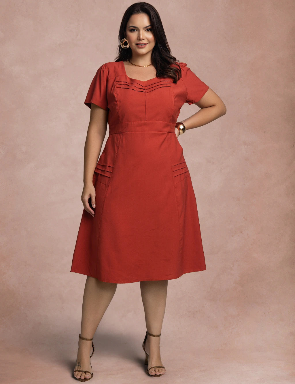 Vestido Midi Com Nervuras No Decote Telha