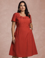 Vestido Midi Com Nervuras No Decote Telha
