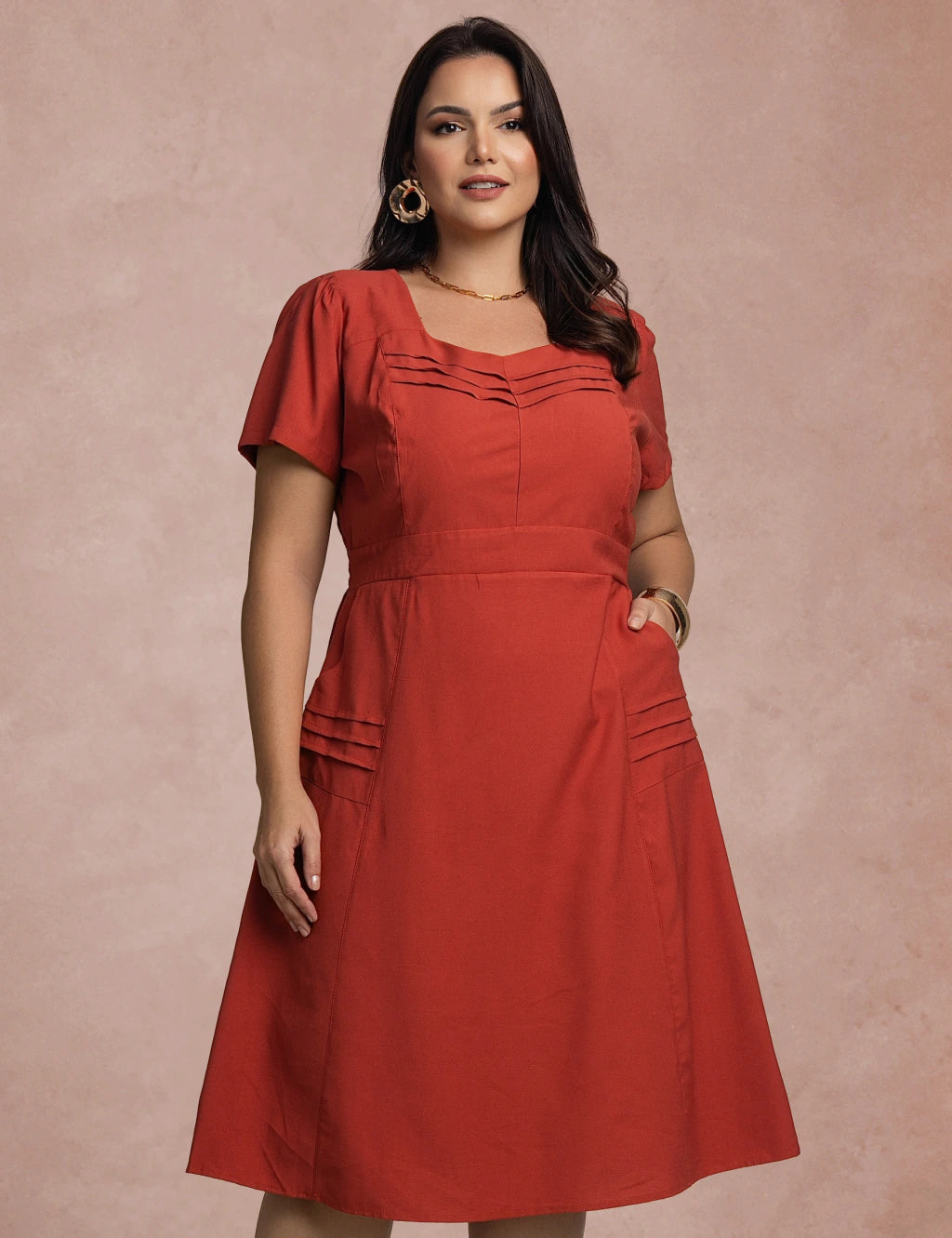 Vestido Midi Com Nervuras No Decote Telha