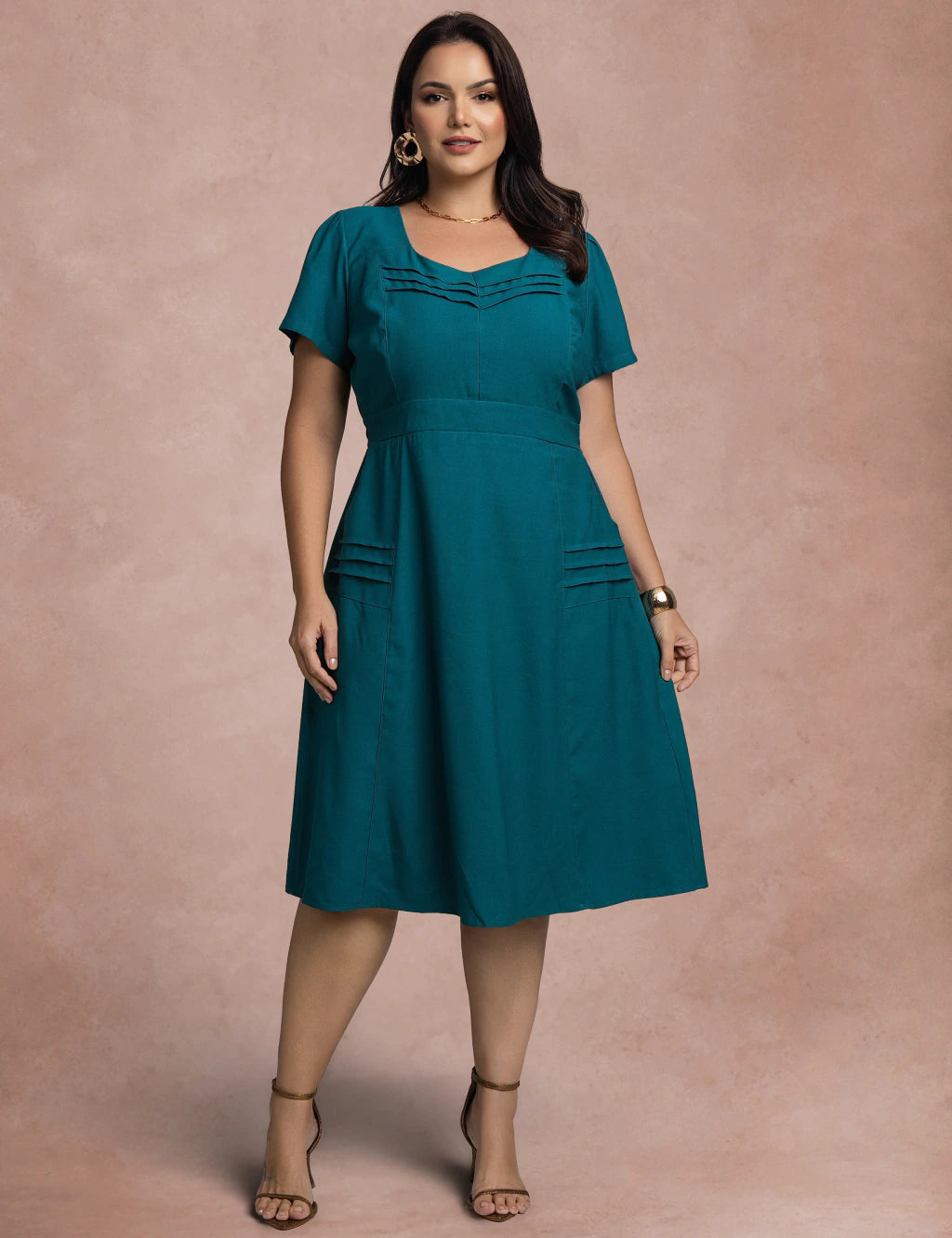 Vestido Midi Com Nervuras No Decote Petroléo