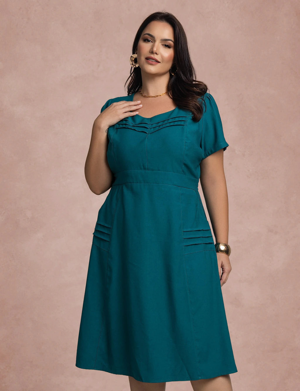 Vestido Midi Com Nervuras No Decote Petroléo