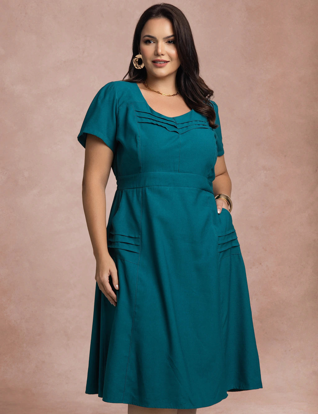 Vestido Midi Com Nervuras No Decote Petroléo