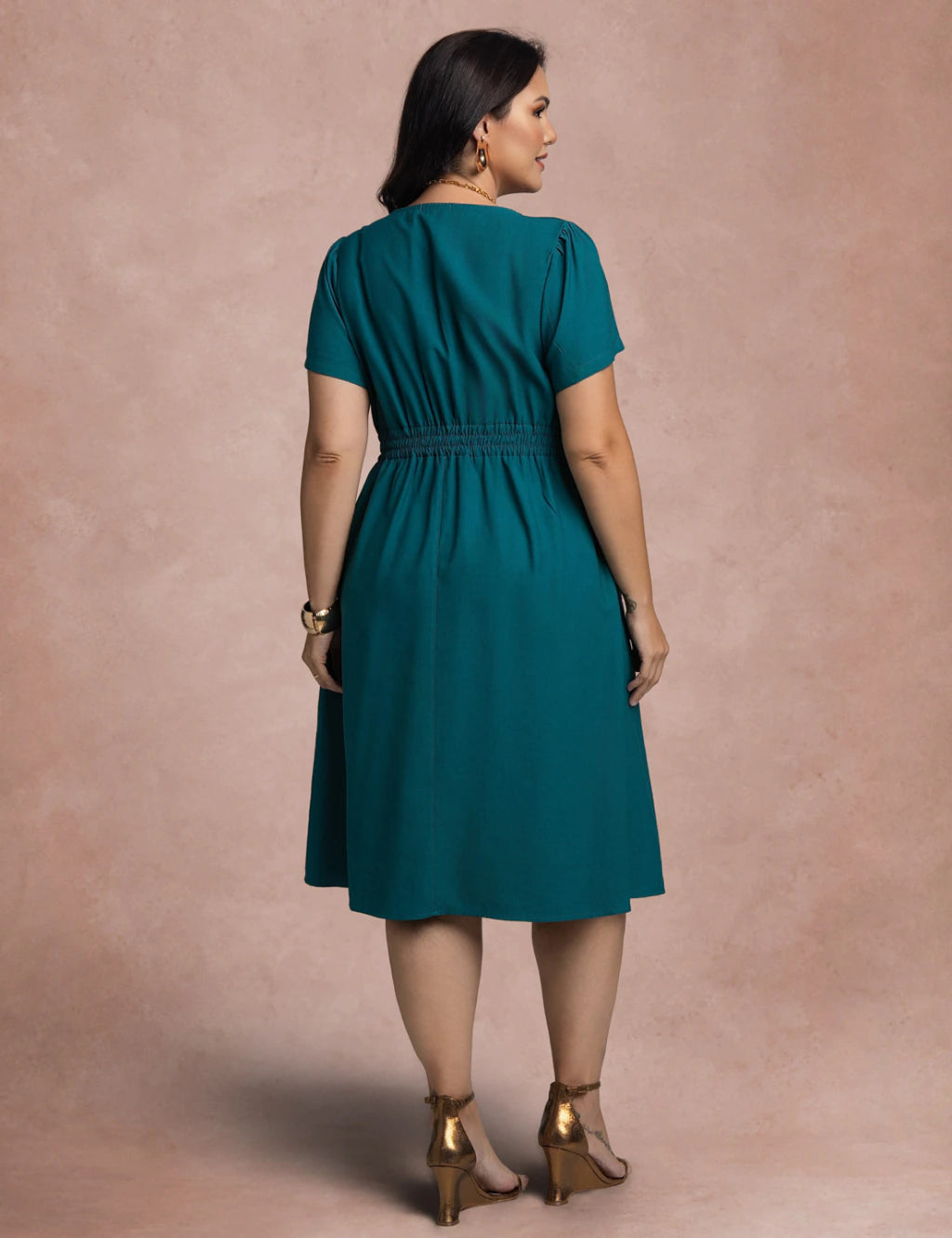 Vestido Midi Com Nervuras No Decote Petroléo