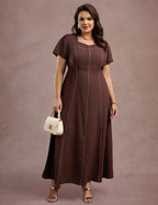 Vestido Longo Com Pesponto Marrom