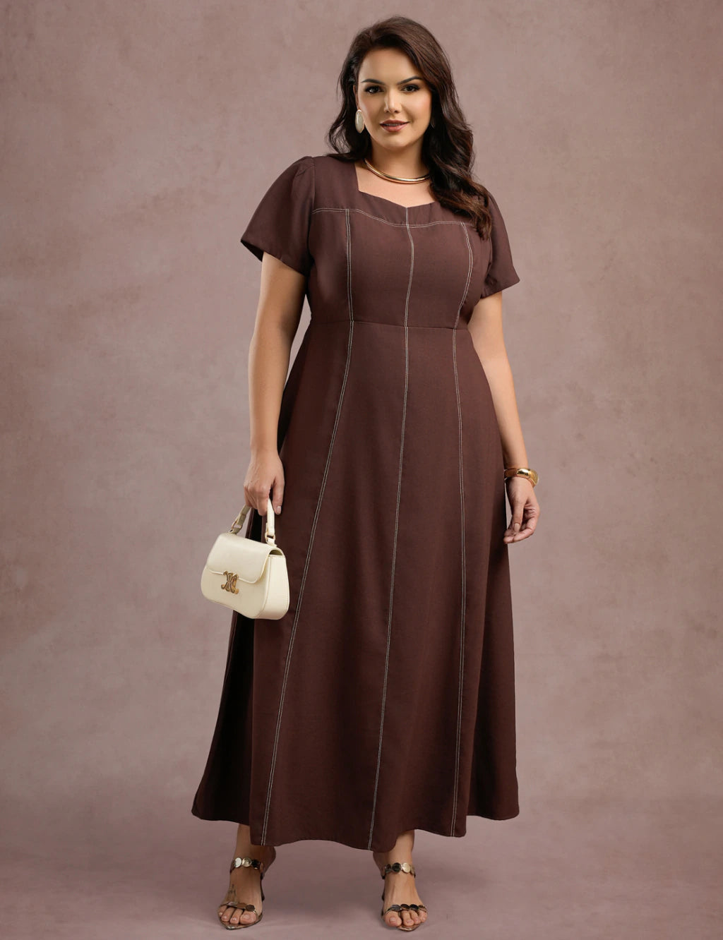 Vestido Longo Com Pesponto Marrom