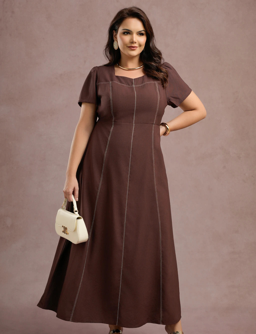 Vestido Longo Com Pesponto Marrom