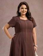 Vestido Longo Com Pesponto Marrom