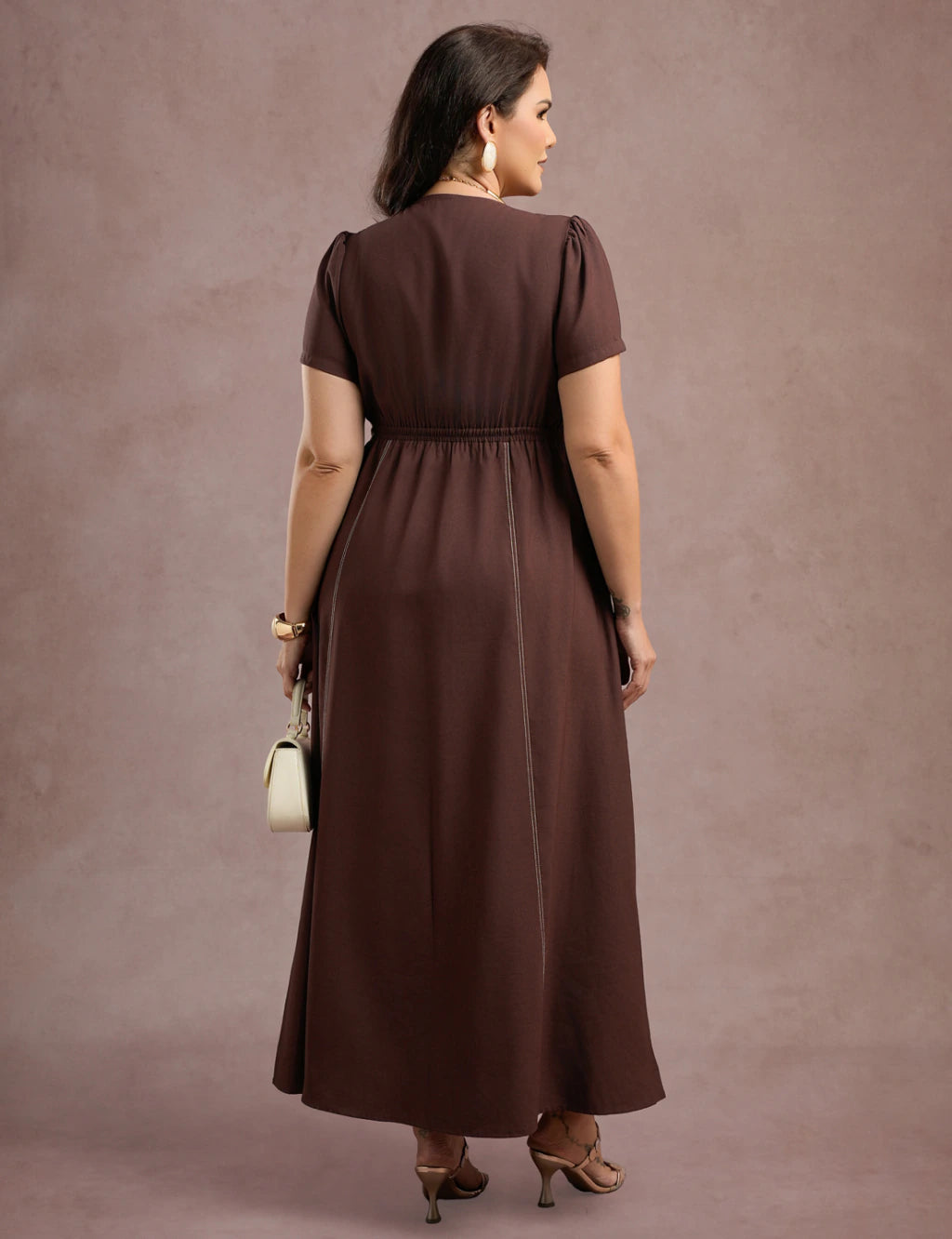 Vestido Longo Com Pesponto Marrom