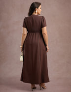 Vestido Longo Com Pesponto Marrom