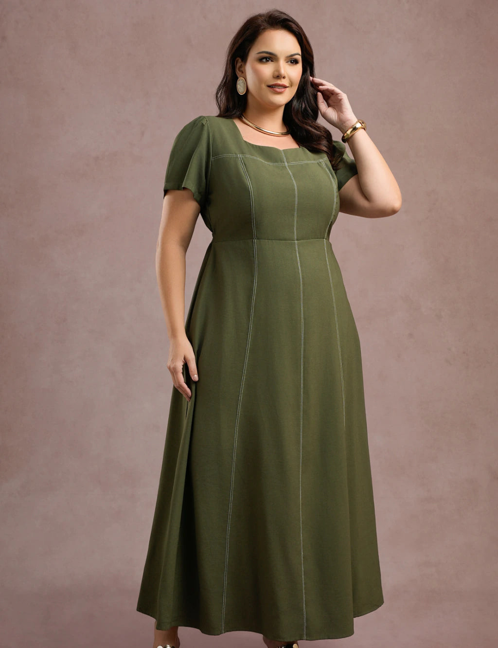 Vestido Longo Com Pesponto Musgo