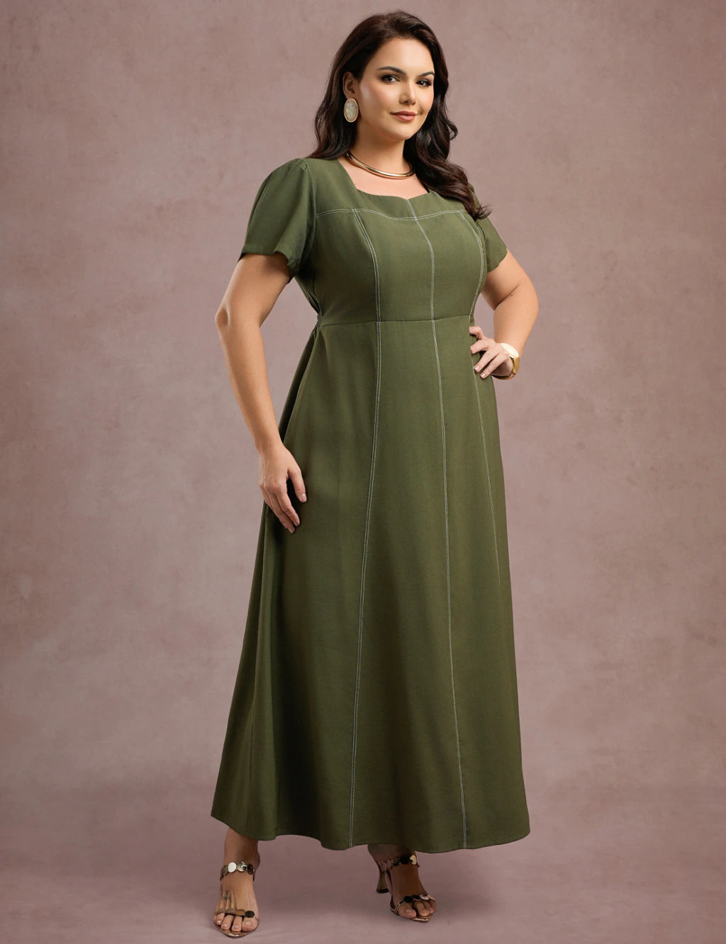 Vestido Longo Com Pesponto Musgo