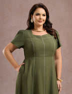Vestido Longo Com Pesponto Musgo