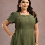 Vestido Longo Com Pesponto Musgo