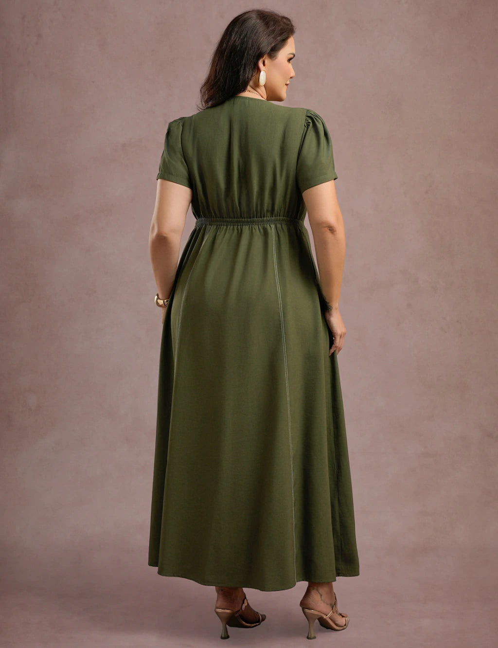 Vestido Longo Com Pesponto Musgo