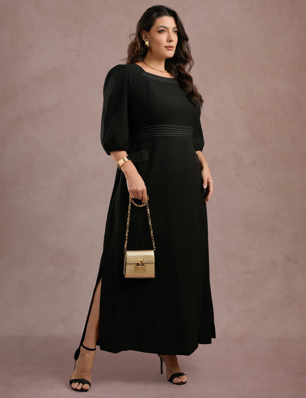 Vestido Longo Com Pesponto Preto