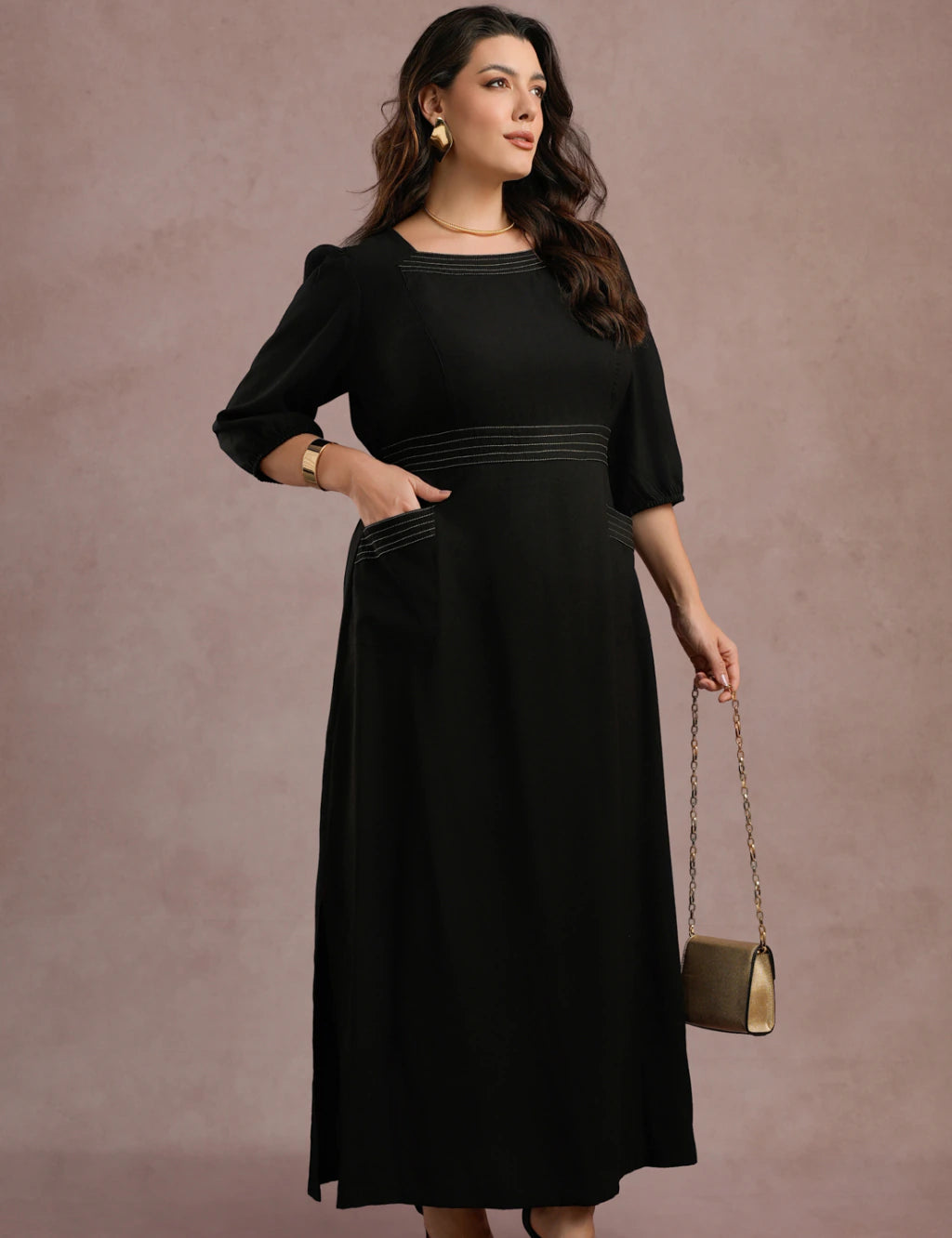 Vestido Longo Com Pesponto Preto