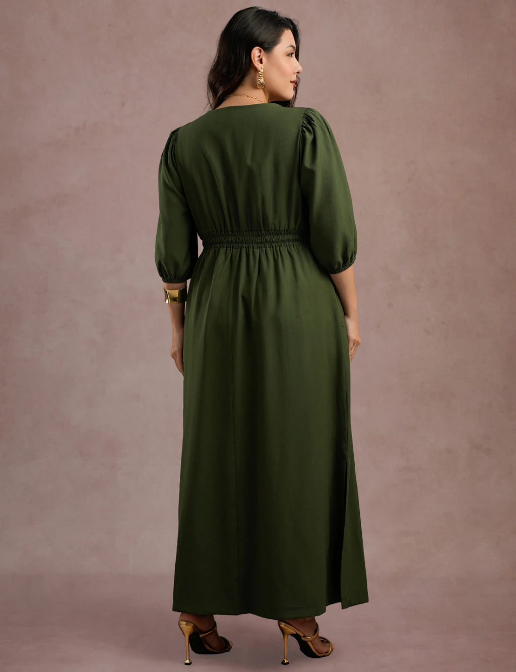 Vestido Longo Com Pesponto Musgo