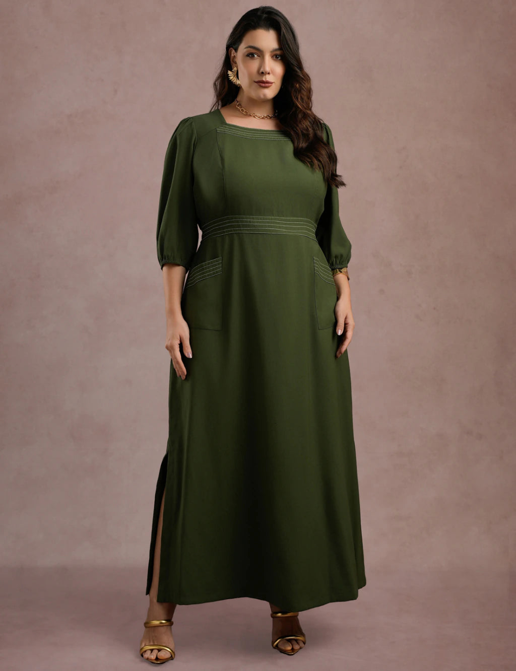 Vestido Longo Com Pesponto Musgo