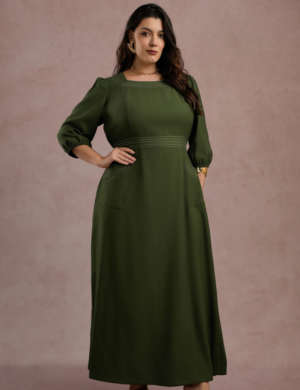 Vestido Longo Com Pesponto Musgo