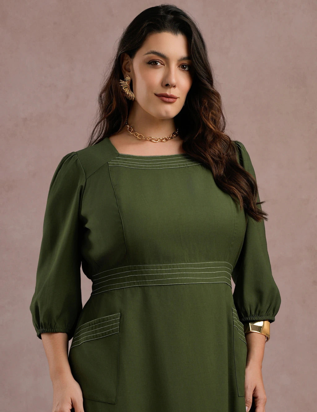 Vestido Longo Com Pesponto Musgo