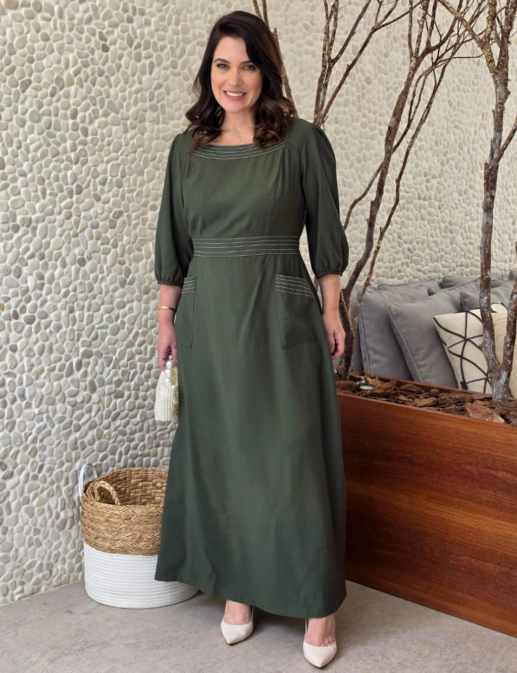 Vestido Longo Com Pesponto Musgo