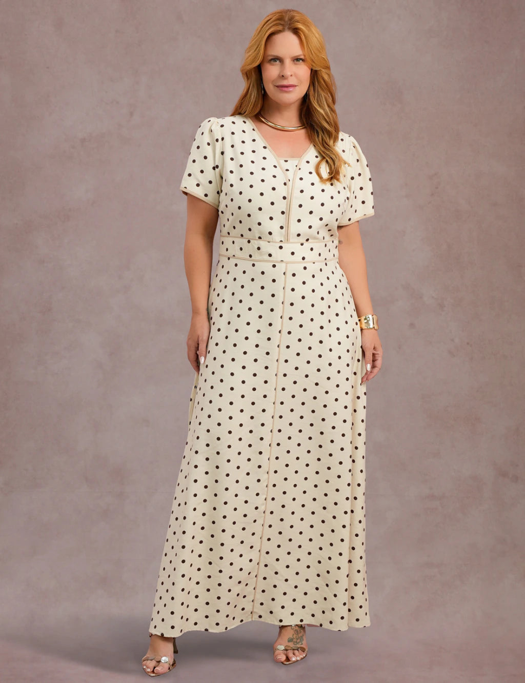 Vestido Longo Estampado Poá Bege