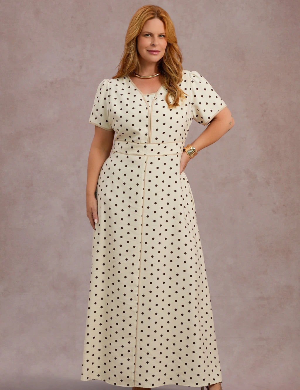 Vestido Longo Estampado Poá Bege