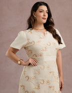 Vestido Midi Linho Com Bordado Bege