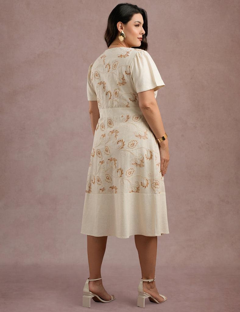 Vestido Midi Linho Com Bordado Bege