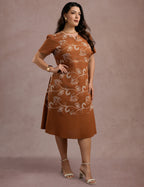 Vestido Midi Linho Com Bordado Marrom