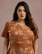 Vestido Midi Linho Com Bordado Marrom