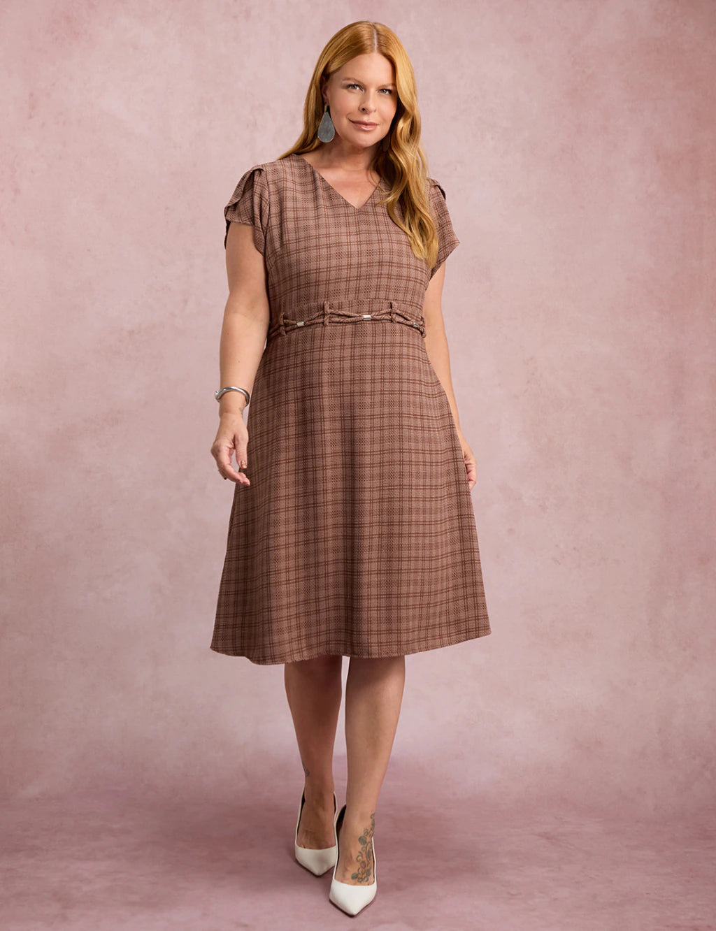 Vestido MidI Xadrez Com Ponteiras Marrom